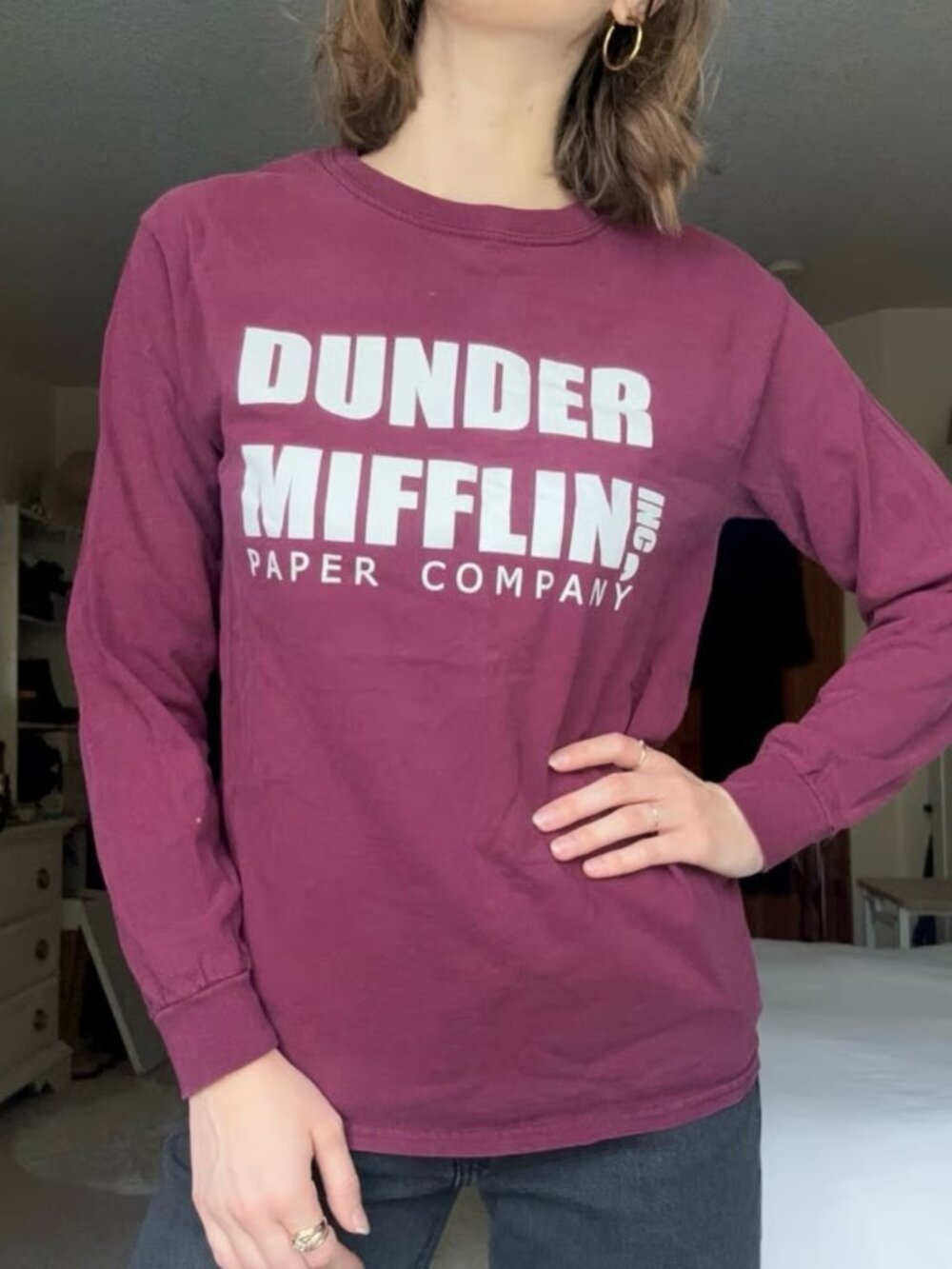 the office dunder mifflin maroon graphic logo crewneck long sleeve tee